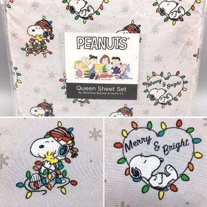 4pc Berkshire Peanuts Christmas Lights Heart QUEEN Sheet Set Snoopy Woodstock